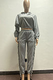 Gray Euramerican Trendy Solid Color Autumn Winter Loose Crop Hooded Tassel Pocket Pants Sets AYM5038-1