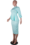 Lake Blue Fashion Three Quarter Sleeve High Neck Blouse Midi Skirts Solid Color Sets SZS8156-3