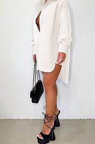 White Modest Pure Color Long Sleeve Lapel Neck Single-Breasted Slit Shirt Dress BBN201-2