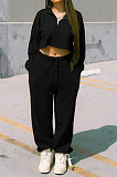 Black Women Fashion Casual Pure Color Long Sleeve Crop Pants Sets AYQ08020-2