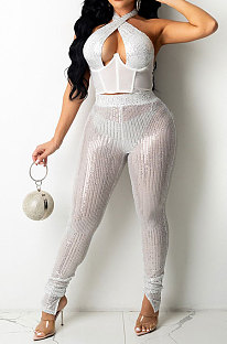 White Sexy Halter Neck Sleeveless Solid Color Sequins Hollow Out Backless Bodycon Split Pants Sets YF9278-2