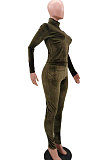 Gold Yellow Simple Woman Velvet Long Sleeve High Collar Top Bodycon Pants Slim Fitting Sets TK6143-2