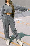 Wine Red Women Fashion Casual Pure Color Long Sleeve Crop Pants Sets AYQ08020-3