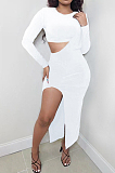 Black Wholesale Women Long Sleeve Round Collar Crop Top Irregularity Condole Belt Skirts Sets TD80063-2