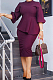 Brown Red Fashion Three Quarter Sleeve High Neck Blouse Midi Skirts Solid Color Sets SZS8156-2