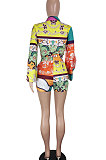 Orange Women Long Sleeve Cardigan Fashion Printing Single-Breasted Turn-Down Collar Shorts Sets YY5301-1