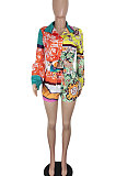 Orange Women Long Sleeve Cardigan Fashion Printing Single-Breasted Turn-Down Collar Shorts Sets YY5301-1