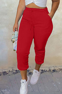 Red Sport Casual Solid Color Drawsting Ankle Banded Pants BBN205-5