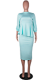 Lake Blue Fashion Three Quarter Sleeve High Neck Blouse Midi Skirts Solid Color Sets SZS8156-3