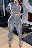 Blue Simple Woman Velvet Long Sleeve High Collar Top Bodycon Pants Slim Fitting Sets TK6143-4