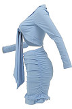 Blue Women Sexy Long Sleeve V Collar Bandage Ruffle Skirts Sets HZF57817