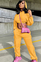 Orange Euramerican Trendy Solid Color Autumn Winter Loose Crop Hooded Tassel Pocket Pants Sets AYM5038-2