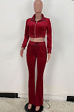 Wine Red Casual Side Strip Spliced Velvet Long Sleeve Zip Coat Flare Pants Slim Fitting Sets ARM8305-1