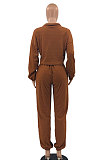 Coffee Women Fashion Casual Pure Color Long Sleeve Crop Pants Sets AYQ08020-1