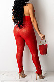 White Sexy Halter Neck Sleeveless Solid Color Sequins Hollow Out Backless Bodycon Split Pants Sets YF9278-2