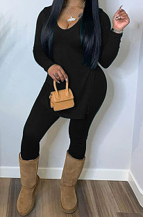 Black Women Solid Color V Collar Split Trendy Pants Sets SMY81117-1