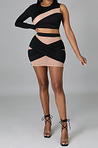 Black Women Sexy Spliced Single Sleeve Round Collar Tops Skirts Sets YF9243-3