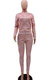 Pink Cotton Blend Letter Printing Long Sleeve Stand Neck Zip Front Coat Pencil Pants Sport Sets TK6145-4