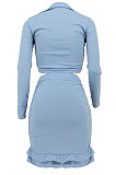 Blue Women Sexy Long Sleeve V Collar Bandage Ruffle Skirts Sets HZF57817
