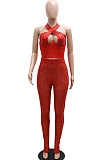 Red Sexy Halter Neck Sleeveless Solid Color Sequins Hollow Out Backless Bodycon Split Pants Sets YF9278-1