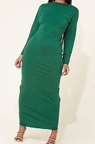 Green Women Long Sleeve Pure Color Both Sides Wear Fashion Plus Long DressAYM5037-1