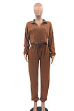 Coffee Women Fashion Casual Pure Color Long Sleeve Crop Pants Sets AYQ08020-1