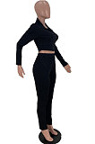 Black Newest Simple Long Sleeve Zip Front Coat Bodycon Pants Solid Color Sets ARM8307-2