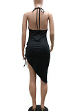 Black Women Irregular Halter Neck Strapless Sexy Mid Waist Pure Color Club Sequins Dew Waist Mini Dress YF9256-1