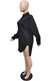 Black Modest Pure Color Long Sleeve Lapel Neck Single-Breasted Slit Shirt Dress BBN201-1