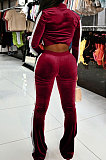 Pink Casual Side Strip Spliced Velvet Long Sleeve Zip Coat Flare Pants Slim Fitting Sets ARM8305-3