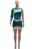 Green Women Sexy Spliced Single Sleeve Round Collar Tops Skirts Sets YF9243-1