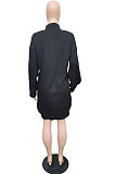 Black Modest Pure Color Long Sleeve Lapel Neck Single-Breasted Slit Shirt Dress BBN201-1