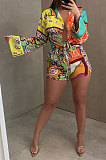 Black Women Long Sleeve Cardigan Fashion Printing Single-Breasted Turn-Down Collar Shorts Sets YY5301-2