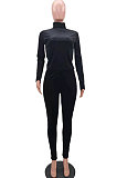 Gray Simple Woman Velvet Long Sleeve High Collar Top Bodycon Pants Slim Fitting Sets TK6143-3