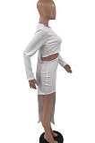 Blue Wholesale Women Long Sleeve Round Collar Crop Top Irregularity Condole Belt Skirts Sets TD80063-1