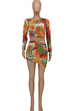Orange Sexy Women Long Sleeve Round Collar Crop Printing Irregular Skirts Sets HZF57818