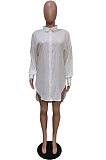 White Modest Pure Color Long Sleeve Lapel Neck Single-Breasted Slit Shirt Dress BBN201-2