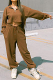 Gray Women Fashion Casual Pure Color Long Sleeve Crop Pants Sets AYQ08020-4