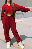 Wine Red Women Fashion Casual Pure Color Long Sleeve Crop Pants Sets AYQ08020-3
