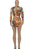 Orange Sexy Women Long Sleeve Round Collar Crop Printing Irregular Skirts Sets HZF57818