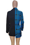 Peacock Blue Plaid Digital Print Contrast Color Spliced Long Sleeve Single-Breasted With Beltband Shirts SZS8170-3