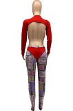 Red Personality Digital Letter Print Long Sleeve Backless Hollow Out Top Bodycon Pants Sexy Sets SZS8161-2