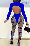Peacock Blue Personality Digital Letter Print Long Sleeve Backless Hollow Out Top Bodycon Pants Sexy Sets SZS8161-3