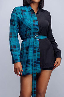 Peacock Blue Plaid Digital Print Contrast Color Spliced Long Sleeve Single-Breasted With Beltband Shirts SZS8170-3
