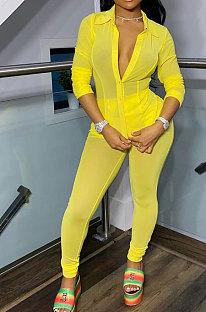 Yellow Wholesale Woman See-Through Long Sleeve Single-Breasted Shirt Pencil Pants Sets ARM8202-2