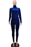 Black Simple Woman Velvet Long Sleeve High Collar Top Bodycon Pants Slim Fitting Sets TK6143-1