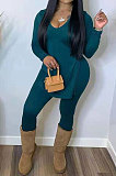 Black Women Solid Color V Collar Split Trendy Pants Sets SMY81117-1
