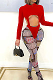 Peacock Blue Personality Digital Letter Print Long Sleeve Backless Hollow Out Top Bodycon Pants Sexy Sets SZS8161-3