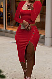 Black Fashion Long Sleeve Square Neck Bodycon Tops High Waist Slit Skirts Sexy Sets LM88816-1
