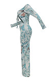 Light Blue Women Long Sleeve Fashion Printing Bandage Hollow Out Skinny Bodycon Long Dress HZF57819-1